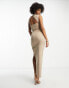 ASOS DESIGN Tall bengaline one shoulder wrap neck bodycon midi dress with split in camel