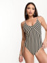 Vero Moda Tall – Badeanzug in Creme und Schwarz gestreift mit gebundenen Trägern