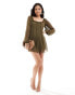 ASOS DESIGN ruffle neck mini smock dress in khaki Зеленый, 36 - фото #4