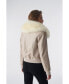 Women's Detachable Natural Shearling Collar Jacket, Jumbo Pattern Beige