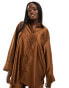 Y.A.S satin oversized pinstripe shirt co-ord in brown