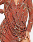 Фото #4 товара ASOS DESIGN embellished shift mini dress with drape front detail in rust