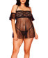 Odette Plus Size Dot Mesh and Lace Babydoll with Halter Strap, Cold Shoulder Design and Matching G-String