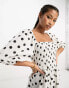 Фото #6 товара ASOS DESIGN linen look shirred bodice puff sleeve jumpsuit in mono spot print