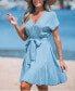 Women's Soft Blue Short Sleeve Surplice Mini Beach Dress