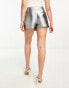 Miss Selfridge – Wickel-Skort in Metallic-Silber mit Taillenschnürung