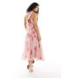 ASOS DESIGN plunge pleated tiered midi dress in pink floral print