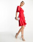 Фото #6 товара Flounce London wrap front mini satin dress with flutter sleeves in red