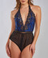 Фото #1 товара Women's Missy Plunge Sheen Lace and Mesh Halter Romper