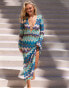 South Beach x Misha Grimes ring front cut out long sleeve zig zag print maxi beach dress in blue