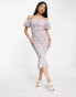 Фото #2 товара Love Triangle puff sleeve shirred midi dress in lilac floral