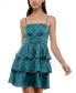 Фото #4 товара Juniors' Bow Lace-Up Square-Neck Tiered Satin Dress