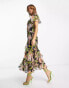 Фото #1 товара ASOS DESIGN chiffon asymmetric waist midi dress with frill hem in black based floral