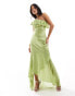 Фото #2 товара TFNC Petite Bridesmaid satin one shoulder ruffle maxi dress in olive