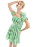 French Connection puff sleeve mini dress with gathered bust in green spot