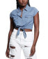 ფოტო #1 პროდუქტის Women's Western Denim Tie-Front Cap-Sleeve Shirt