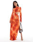 ASOS DESIGN plisse long sleeve cut out detail maxi dress in orange floral