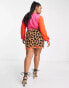 Never Fully Dressed Plus contrast long sleeve mini dress in pink/red and leopard print