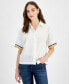 Фото #1 товара Women's Short-Sleeve Crochet-Trim Cotton Shirt