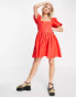 ASOS DESIGN corset linen mini skater dress with puff sleeve in red