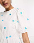 Y.A.S smock mini dress with embroidered blue flowers in white