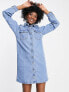 Pieces button front mini shirt dress in light blue denim
