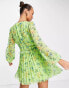 Фото #2 товара ASOS DESIGN button through ruched waist pleated mini dress in green floral print