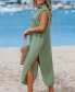 Women's Green Collared V-Neck Sleeveless Linen Midi Beach Dress