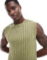 ASOS DESIGN muscle fit washed knitted vest in khaki rib