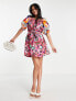French Connection cotton mini dress with puff sleeve in contrast prints - PINK