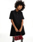 Monki short sleeve button through collar mini dress in black