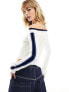 Reclaimed Vintage off shoulder knitted top with asymmetric hem with blue sporty stripe detail