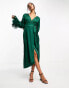 TFNC satin midi wrap dress with faux feather cuffs in emerald green