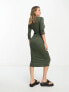 Фото #2 товара River Island v neck 3/4 sleeve ribbed midi dress in khaki