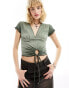 Фото #1 товара COLLUSION washed rib v-neck fairy hem top in green