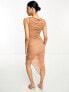 Фото #2 товара ASOS DESIGN high neck ruched asymmetric bodycon midi dress in camel brown