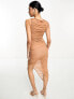 Фото #3 товара ASOS DESIGN high neck ruched asymmetric bodycon midi dress in camel brown