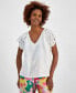 Фото #1 товара Women's 100% Linen Flutter Eyelet-Sleeve Top, Created for Macy's