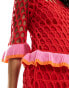 Фото #3 товара Never Fully Dressed contrast crochet maxi dress in red and pink