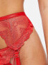 Wolf & Whistle Exclusive dobby mesh and eyelash lace suspender belt with picot trim in red