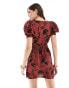 Фото #2 товара ASOS DESIGN puff sleeve lace up mini dress in red vintage floral