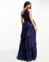 Y.A.S Bridesmaid one shoulder tulle maxi dress in navy blue