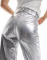 Фото #3 товара Bershka cracked faux leather straight leg trousers in gunmetal silver