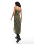 French Connection satin midi slip dress in khaki