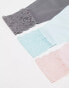 ASOS DESIGN 3 pack no VPL & lace side thong in baby pink, blue & grey