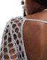 In The Style metallic crochet long sleeve scoop back mini beach dress in silver Серебристый, EU 38-40 - фото #2