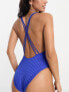 ASOS DESIGN rib lattice strap swimsuit with high leg in cobalt blue
