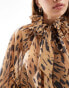 & Other Stories volume blouse with rose corsage tie neck in leopard print