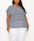 Plus Size Slub Stripe Roll Sleeve Side Button Top Navy/Ivory, 1X - фото #1