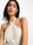 Фото #3 товара ASOS DESIGN twist neck halter mini dress with ruched skirt in oatmeal